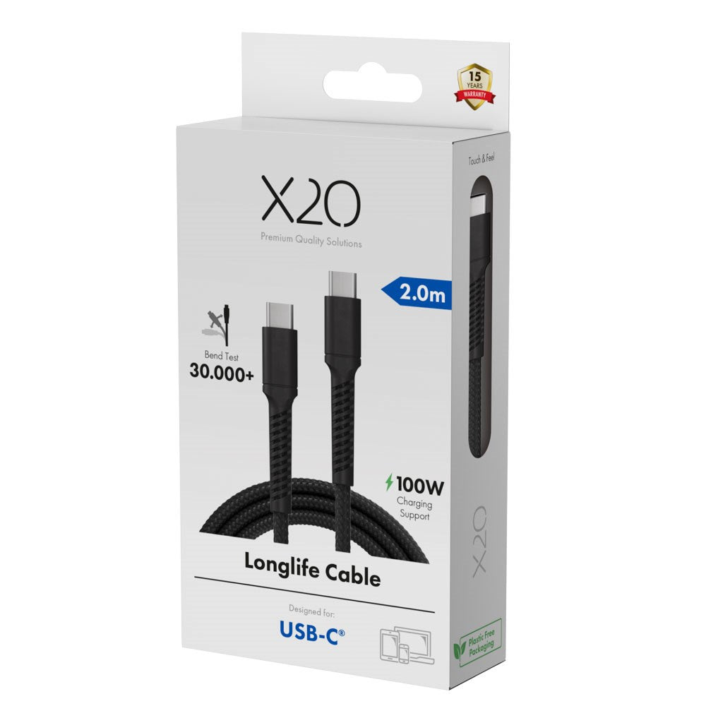 X2O Longlife USB-C til USB-C Kabel - 2m / 100W - Sort