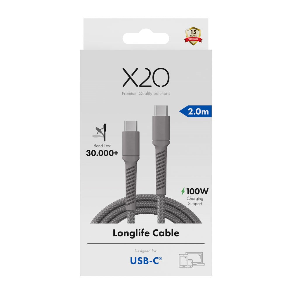 X2O Longlife USB-C til USB-C Kabel - 2m / 100W - Grå