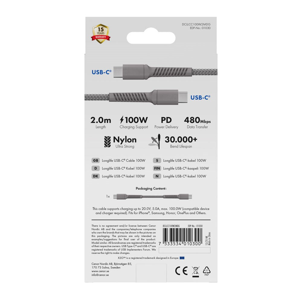 X2O Longlife USB-C til USB-C Kabel - 2m / 100W - Grå