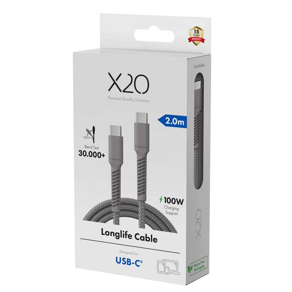 X2O Longlife USB-C til USB-C Kabel - 2m / 100W - Grå