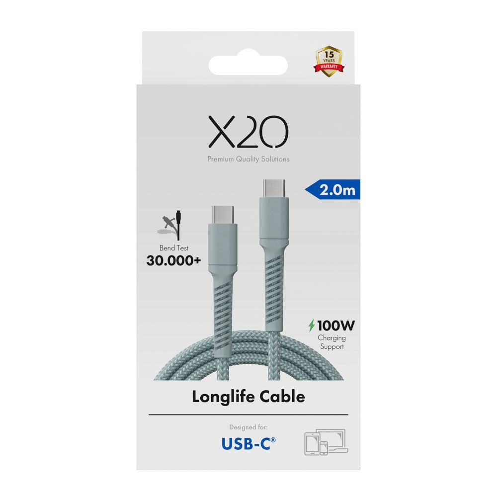 X2O Longlife USB-C til USB-C Kabel - 2m / 100W - Blå
