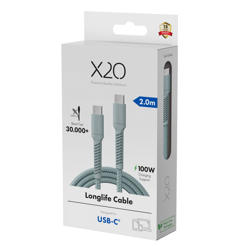 X2O Longlife USB-C til USB-C Kabel - 2m / 100W - Blå