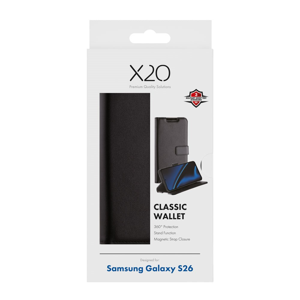 Samsung Galaxy S26 X2O Classic Wallet Flip Cover m. Kortholder & Ståfunktion - Sort