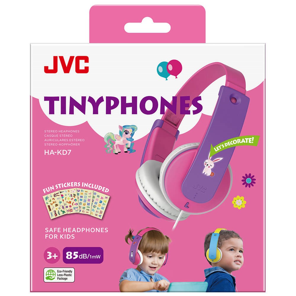JVC Tinyphones HA-KD7 barnehodesett m. Klistremerker - Maks. 85dB - Rosa / Lilla