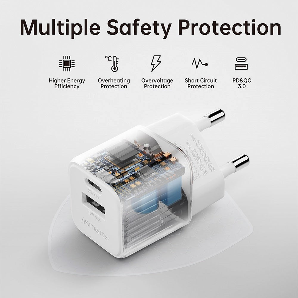 4Smarts VoltPlug Duos 20W Vægoplader - 1 x USB-A QC & 1 x USB-C PD - Hvid