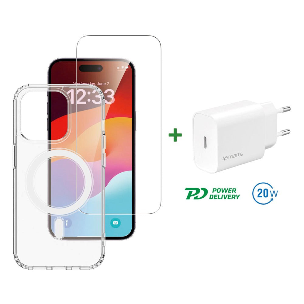 iPhone 15 Pro Max 4smarts Premium startsett - MagSafe bakdeksel, skjermbeskytter og 20W vegglader - gjennomsiktig / hvit