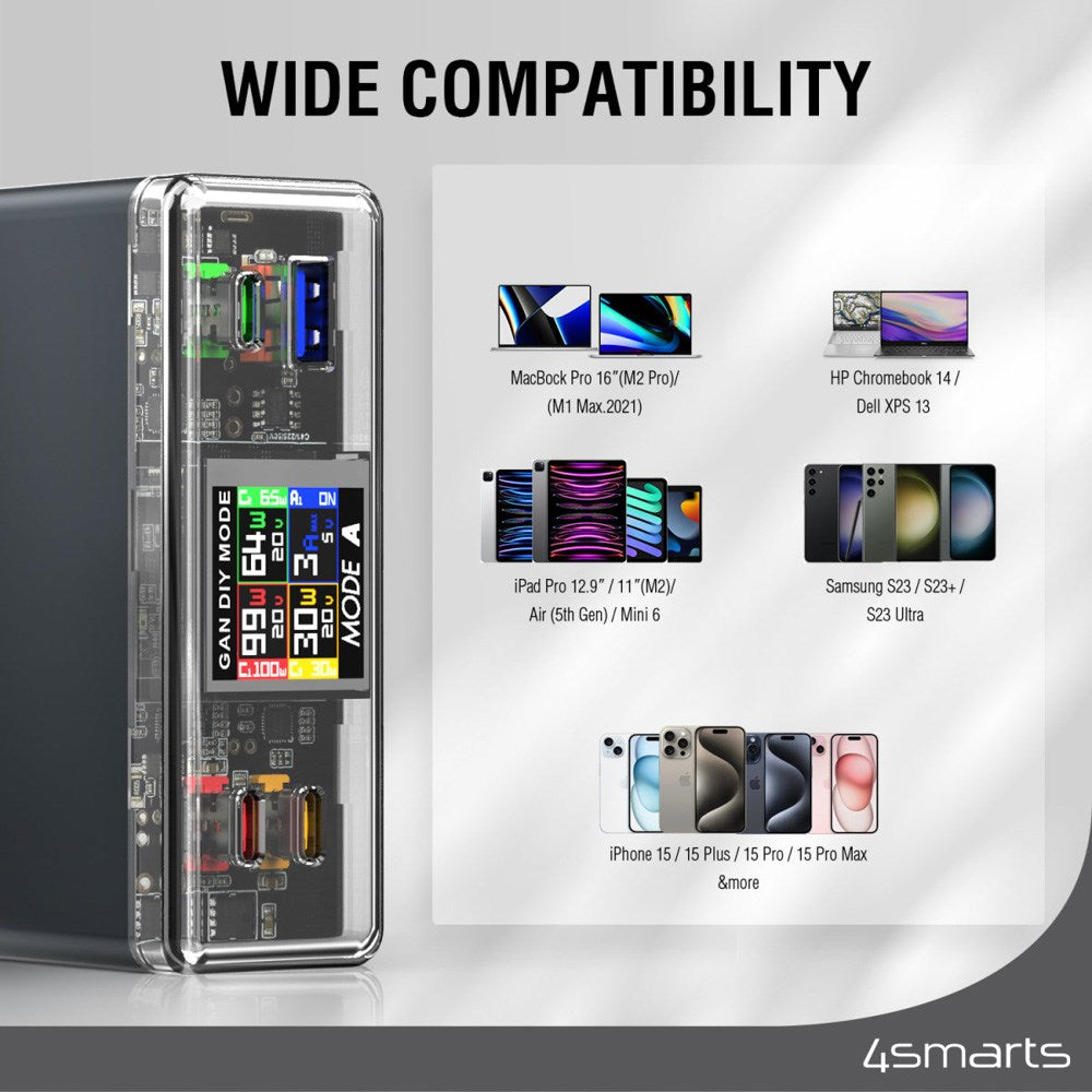 Bordlader - 210W / 3x USB-C & 1x USB-A - 4smarts Lucid GaN DIY Mode - Grå