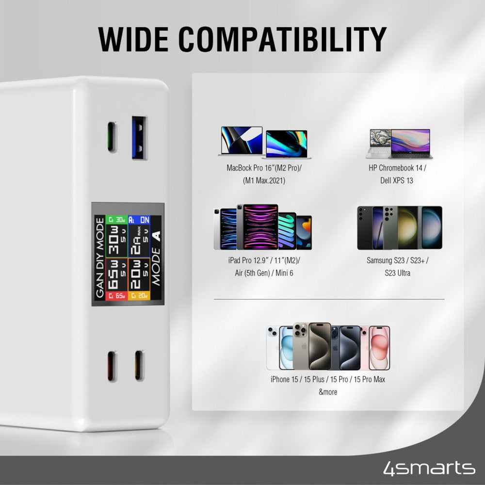 Bordlader - 130W / 3x USB-C & 1x USB-A - 4smarts GaN DIY Mode - Hvit