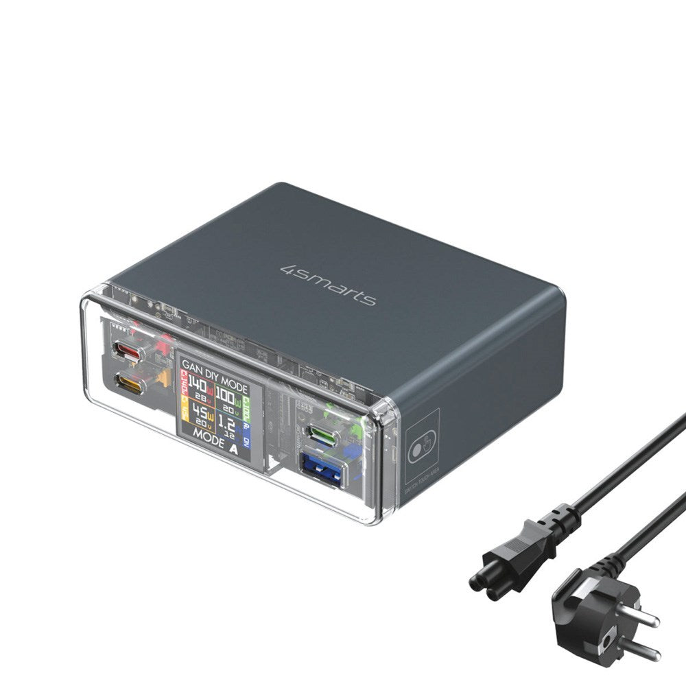 Bordlader - 300W / 3x USB-C & 1x USB-A - 4smarts Lucid GaN DIY Mode - Grå