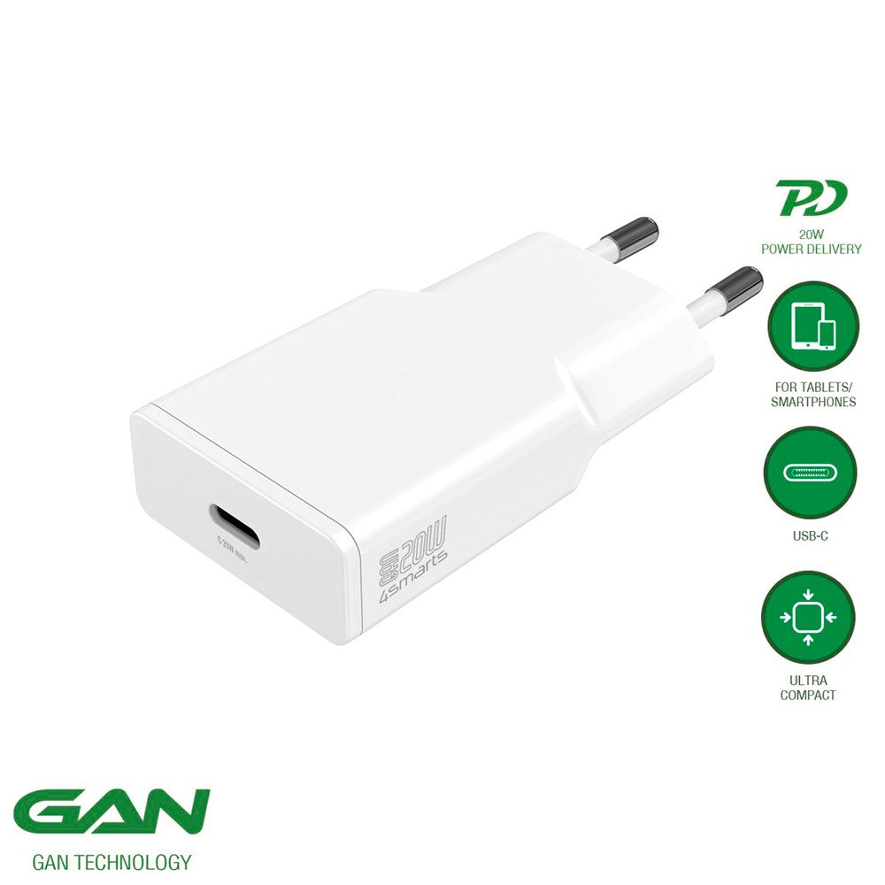 4Smarts PD Slimvegglader GaN 20W m. USB-C - Hvit