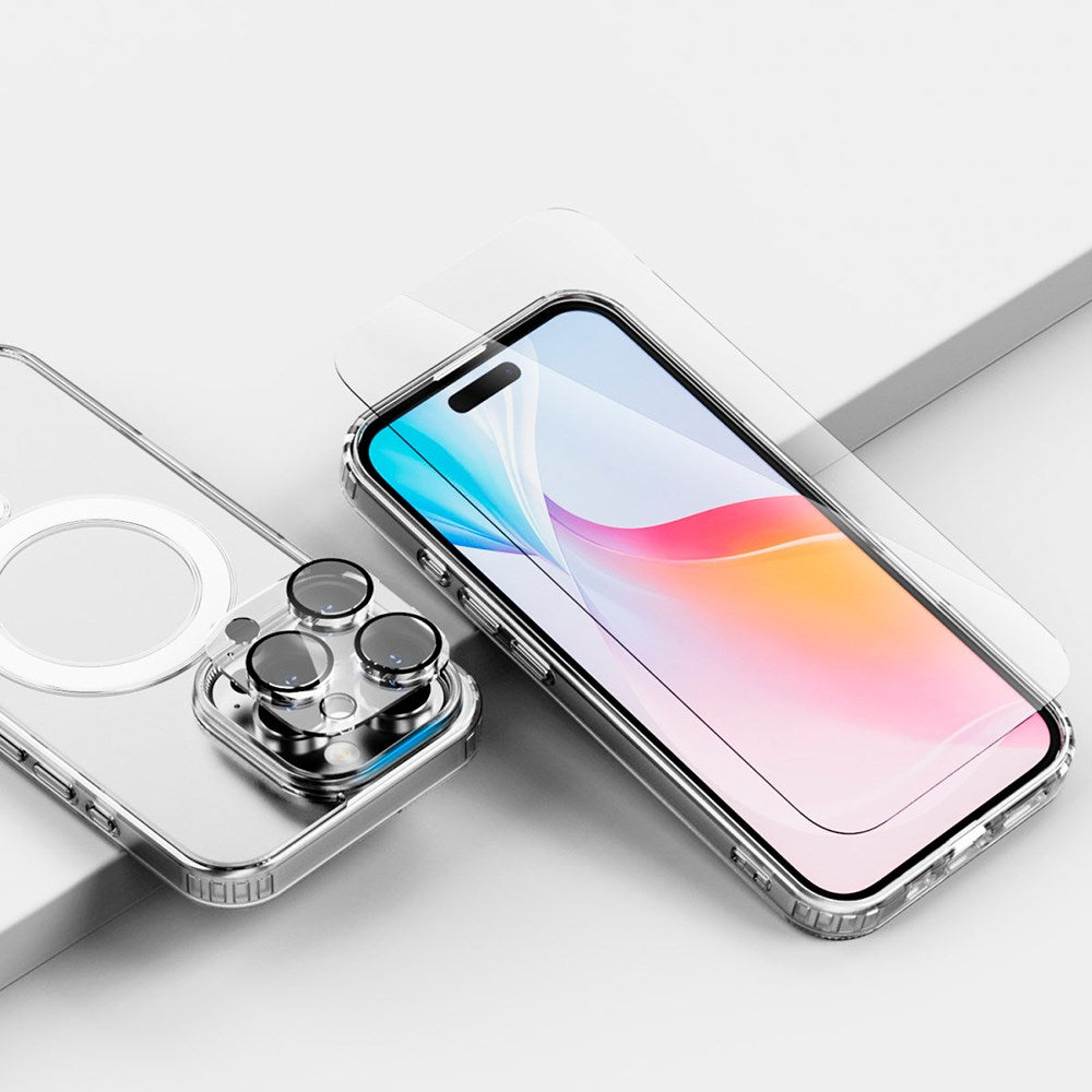 iPhone 16 Pro Max 4smarts Premium startsett - MagSafe bakdeksel, skjerm- og kameralinsebeskytter og 30W vegglader - gjennomsiktig / hvit