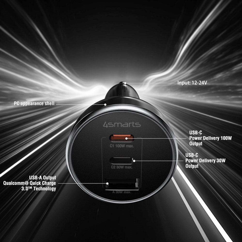 4smarts VoltRoad Ultimate 160W Biloplader - 2 x USB-C & 1 x USB-A - Sort