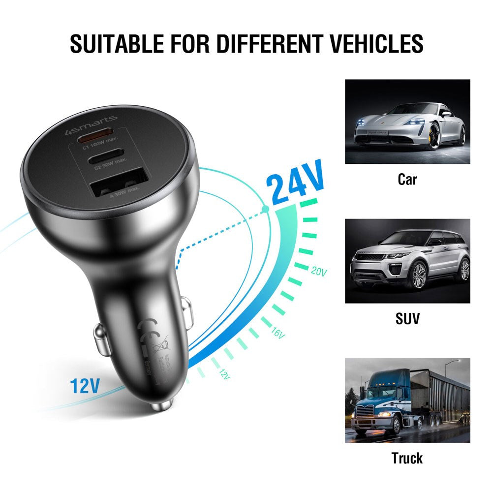 4smarts VoltRoad Ultimate 160W Biloplader - 2 x USB-C & 1 x USB-A - Sort