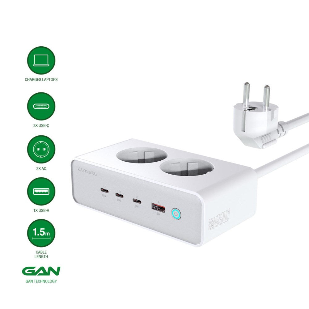 6-i-1 bordlader - 4smarts - 65W - 2x AC-plugg / 3x USB-C / 1x USB-A - Hvit