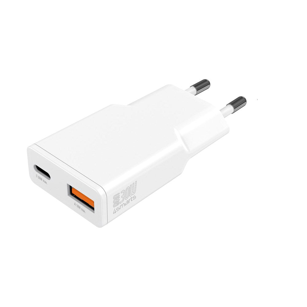 2-i-1 vegglader - 4smarts - 18W USB-A / 30W USB-C - Hvit
