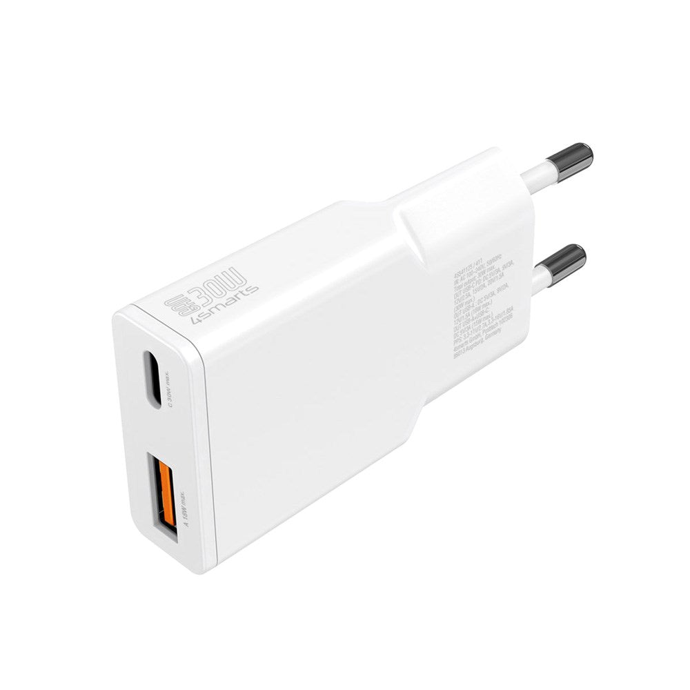 2-i-1 vegglader - 4smarts - 18W USB-A / 30W USB-C - Hvit