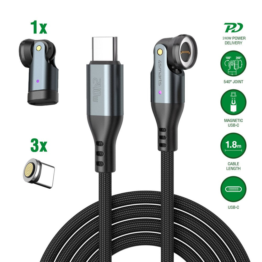 Magnetisk kabel m. USB-C - 4smarts GravityCord - 240W - 1,8m - Svart