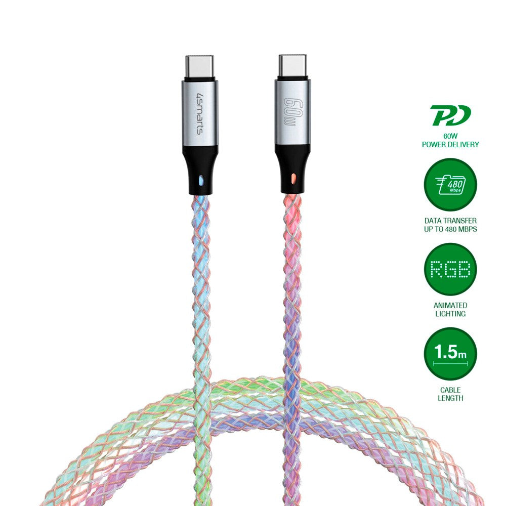 4smarts - RGBCord USB-C Kabel 60W - 1.5m - Multifarvet