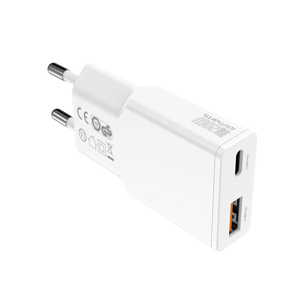 4smarts PDPlug Slim 20W Vægoplader med Indbygget USB-C Kabel - 1 x USB-A - 1 x USB-A - Hvid