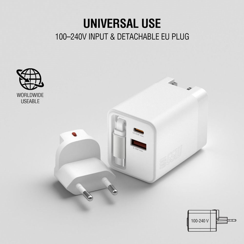 4smarts 65W Flex Jojo Vægoplader m. EU / US Stik & 1 x USB-A & 1 x USB-C & 1 x USB-C Kabel - Hvid