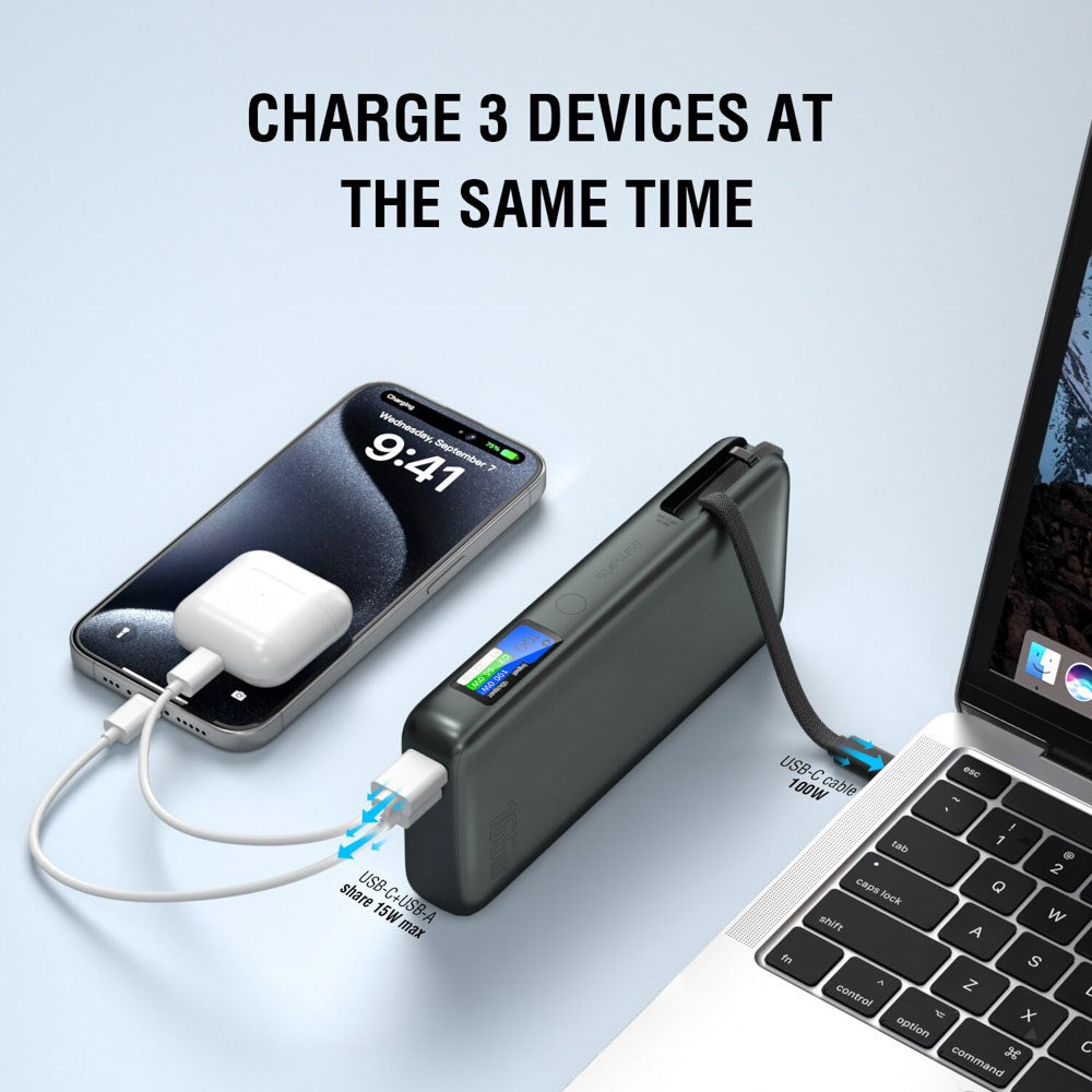 4smarts Enterprise 20.000mAh 165W Powerbank m. Integreret USB-C Kabel - Grå