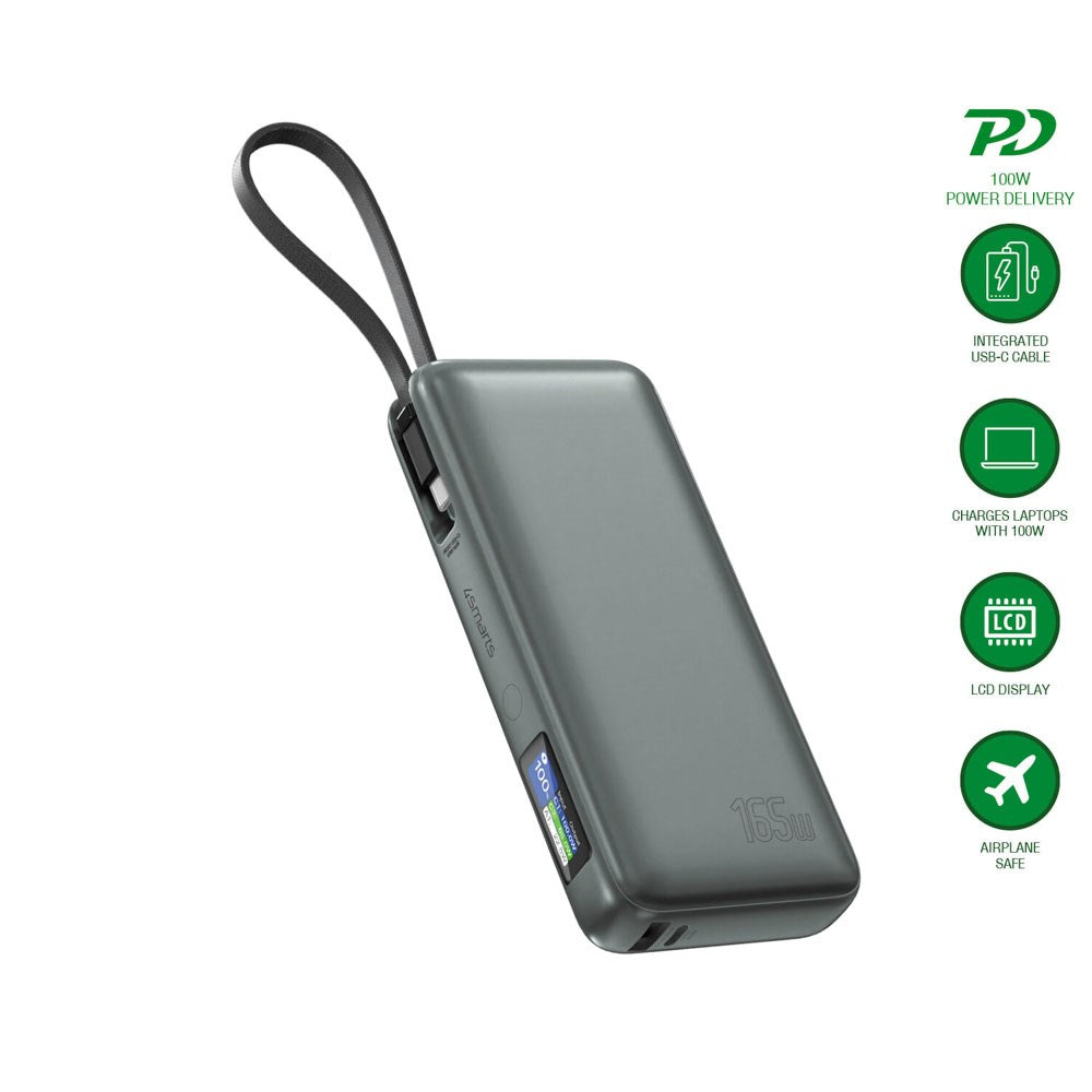 4smarts Enterprise 20.000mAh 165W Powerbank m. Integreret USB-C Kabel - Grå