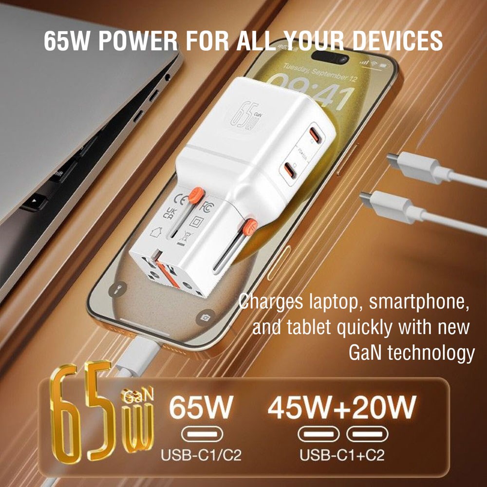 4smarts 65W Rejseadapter til EU/UK/US/AUS m. 2 x USB-C 1 x USB-A Adapter - Hvid
