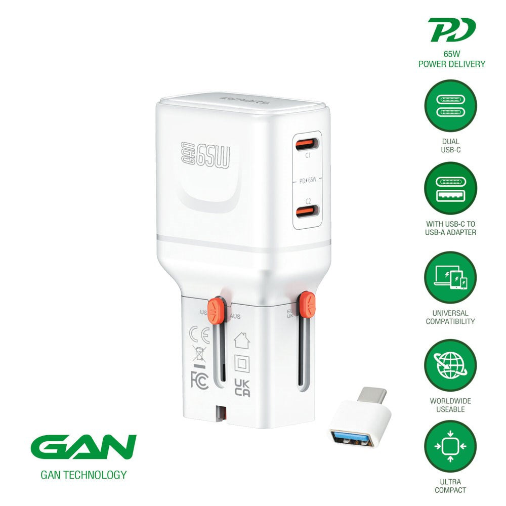 4smarts 65W Rejseadapter til EU/UK/US/AUS m. 2 x USB-C 1 x USB-A Adapter - Hvid