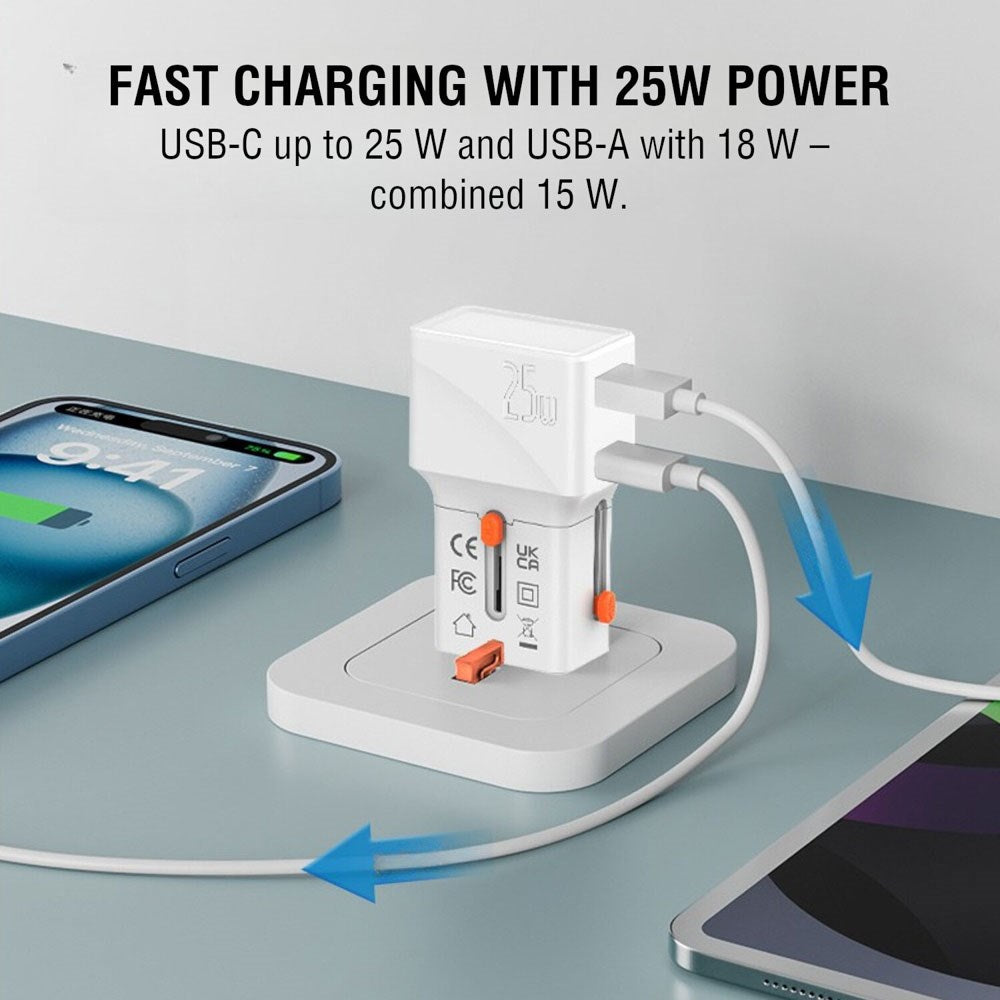 4smarts 25W Rejseadapter til EU/UK/US/AUS m. 1 x USB-C 1 x USB-A - Hvid