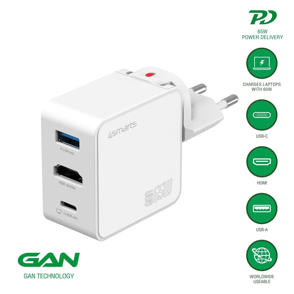 4smarts 3-i-1 HDMI Hub Vægoplader - 65W - Hvid