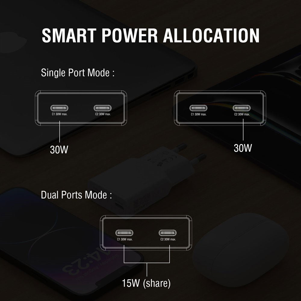 4smarts PDPlug Slim 30W Vægoplader - 2 x USB-C - Hvid