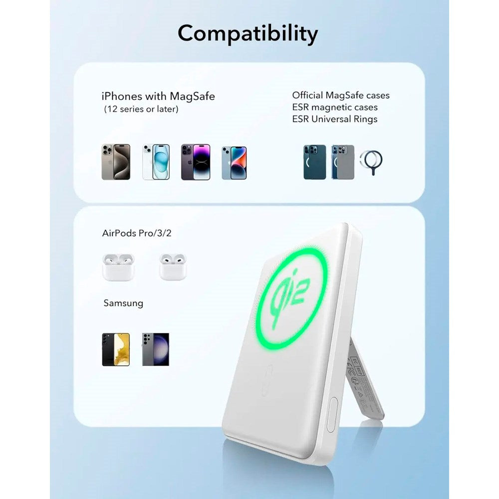 PowerBank m. Kickstand - ESR Qi2 MagSlim - 15W / 5000 mAh - MagSafe Kompatibel - Hvid