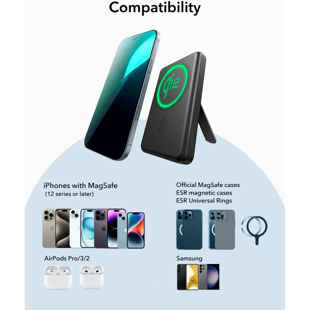PowerBank m. Kickstand - ESR Qi2 MagSlim - 15W / 5000 mAh - MagSafe Kompatibel - Sort