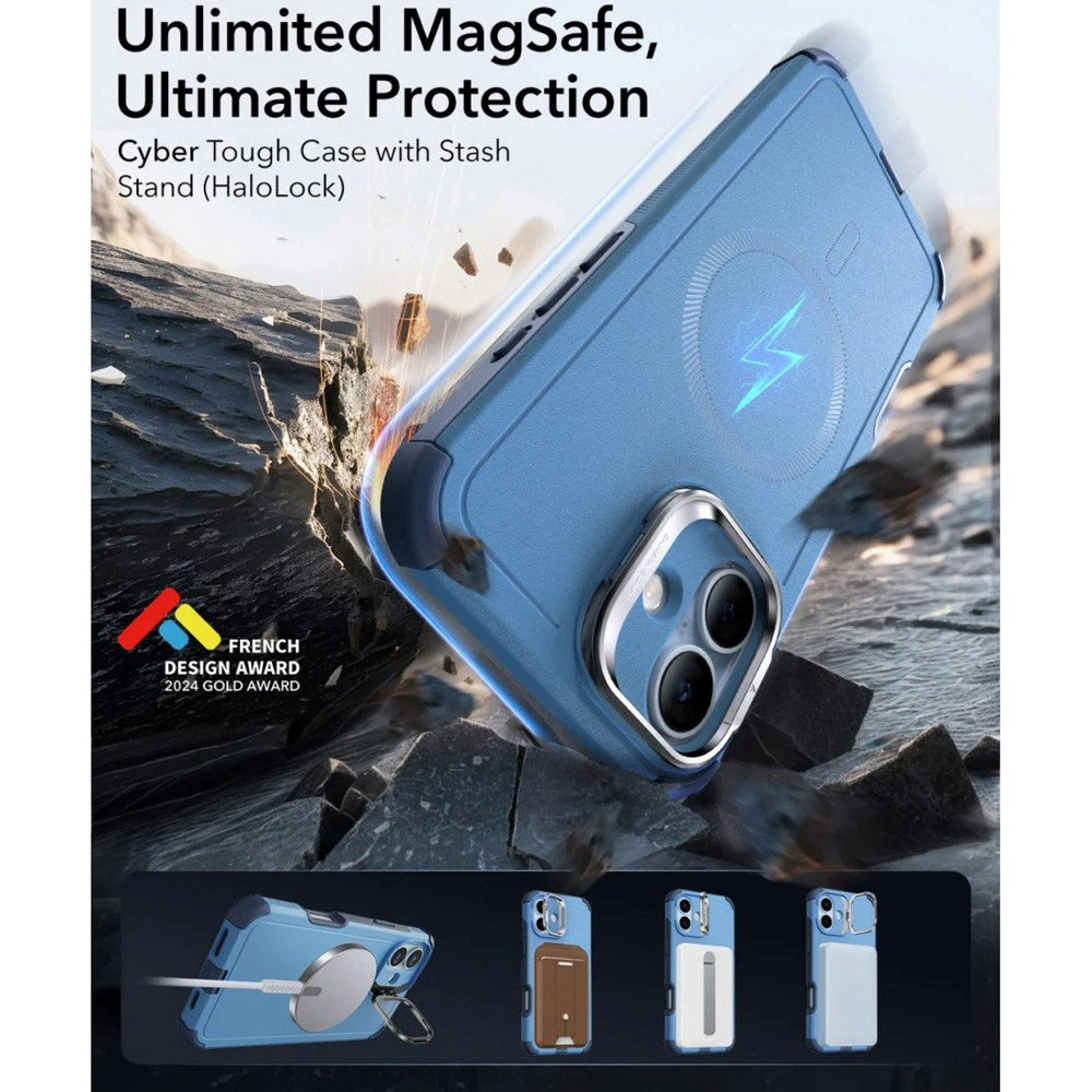ESR iPhone 16 Cyber Armor-deksel - inkl. Stativ - MagSafe-kompatibel - Blå