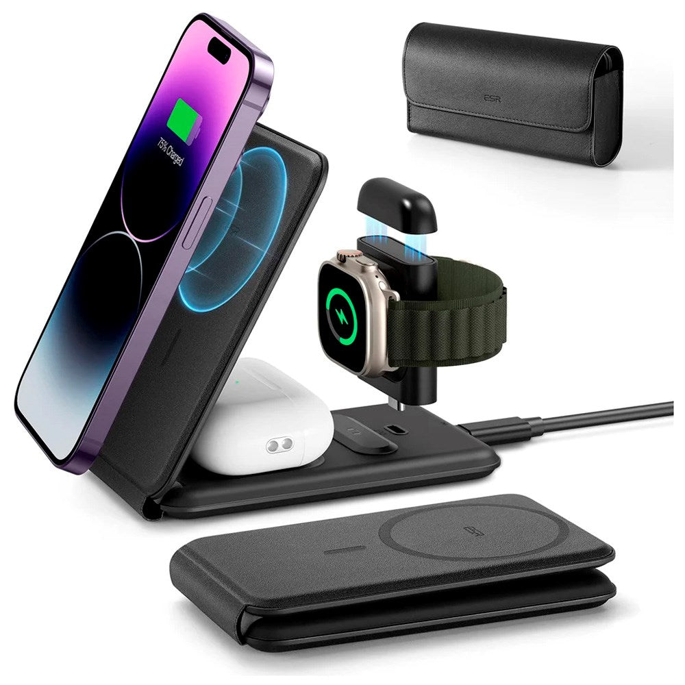 3-i-1 Qi2 sammenleggbar trådløs lader - ESR - MagSafe-kompatibel - Svart