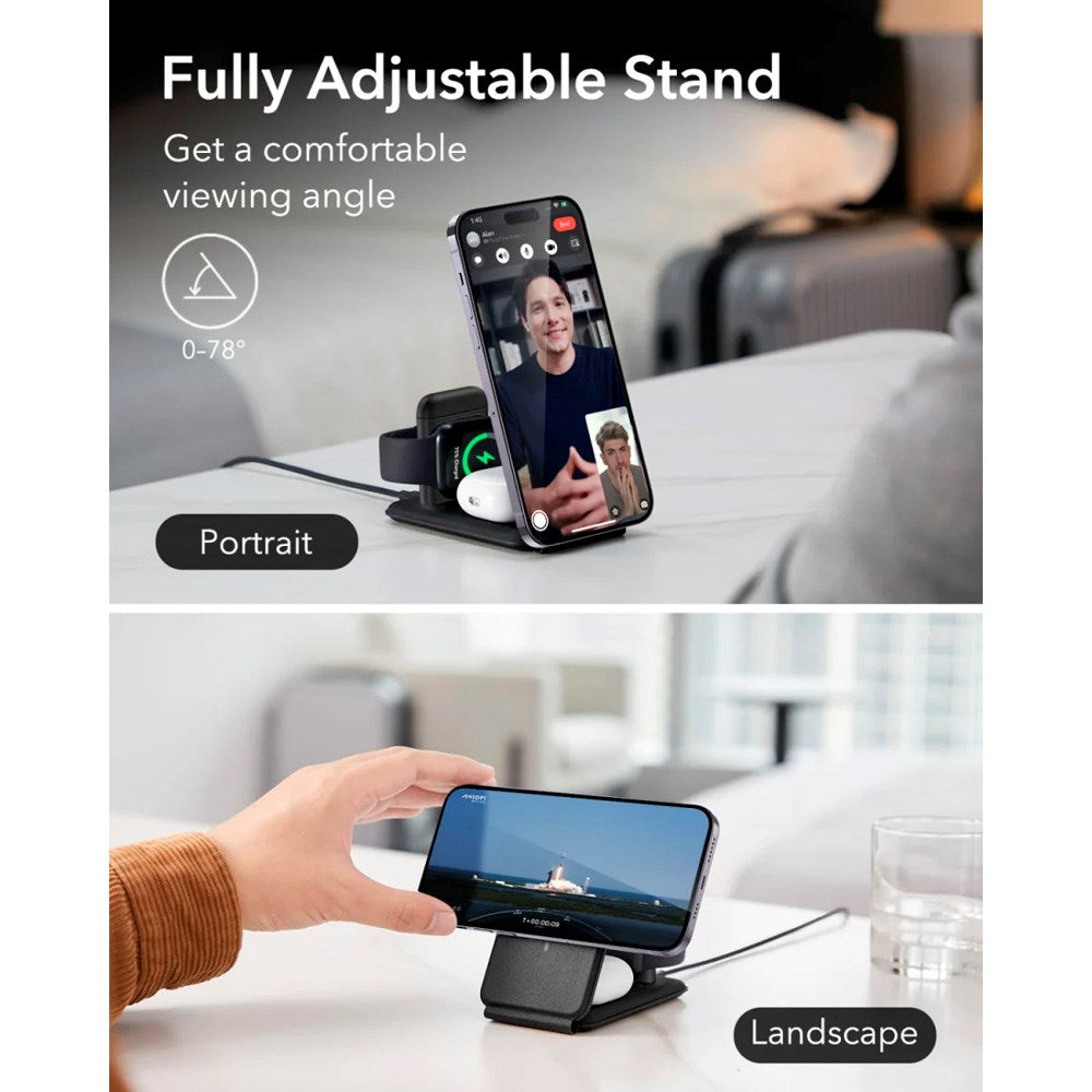 3-i-1 Qi2 sammenleggbar trådløs lader - ESR - MagSafe-kompatibel - Svart