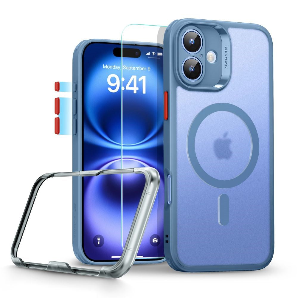 iPhone 16 ESR HaloLock m. Bagside Cover & Beskyttelsesglas - MagSafe Kompatibel - Mat Blå