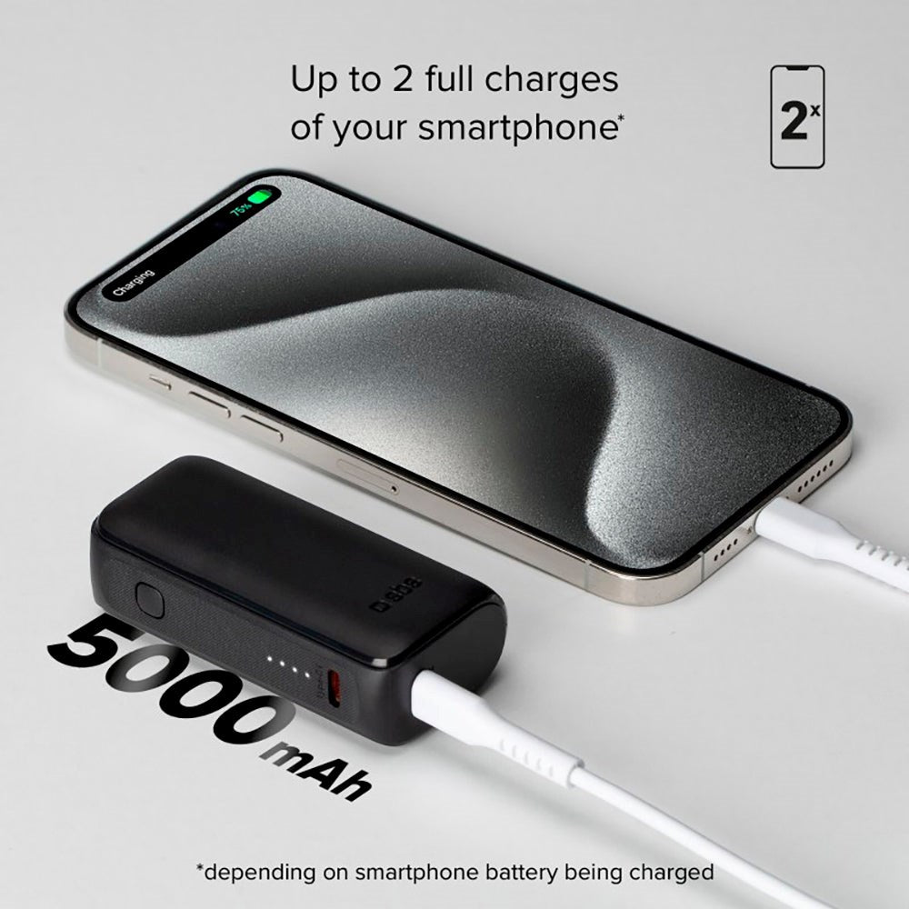 SBS NanoTube Powerbank m. USB-A & USB-C 10W - 5000 mAh - Svart