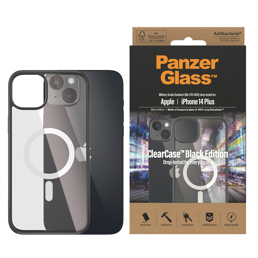 iPhone 14 Plus bakdeksel PanzerGlass Antibacterial ClearCase - MagSafe-kompatibel - Black Edge