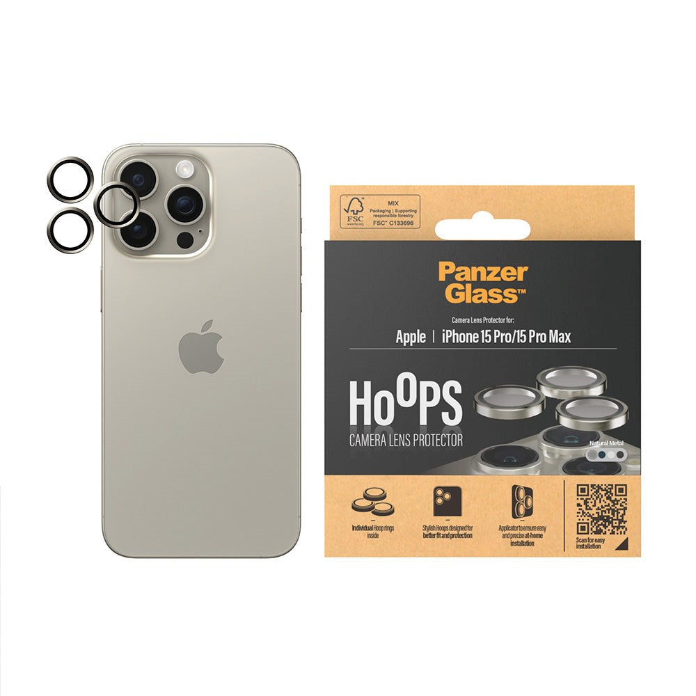 iPhone 15 Pro / 15 Pro Max PanzerGlass bøyler - Beskyttelse for kamera - Platinastyrke - Naturmetall