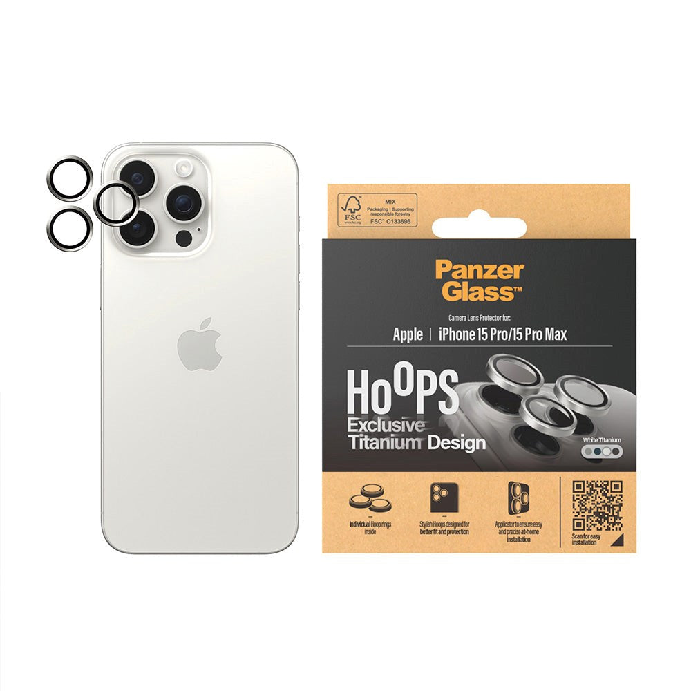 iPhone 15 Pro / 15 Pro Max PanzerGlass bøyler - Beskyttelse for kamera - Platinastyrke - Hvit titan