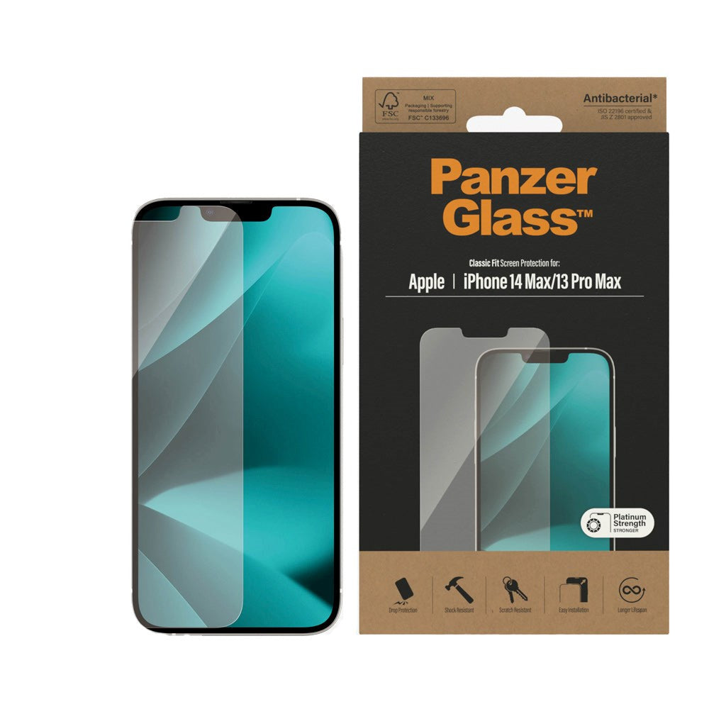 iPhone 14 Plus / 13 Pro Max PanzerGlass AntiBacterial Classic Fit skjermbeskytter - Platinastyrke - Gjennomsiktig