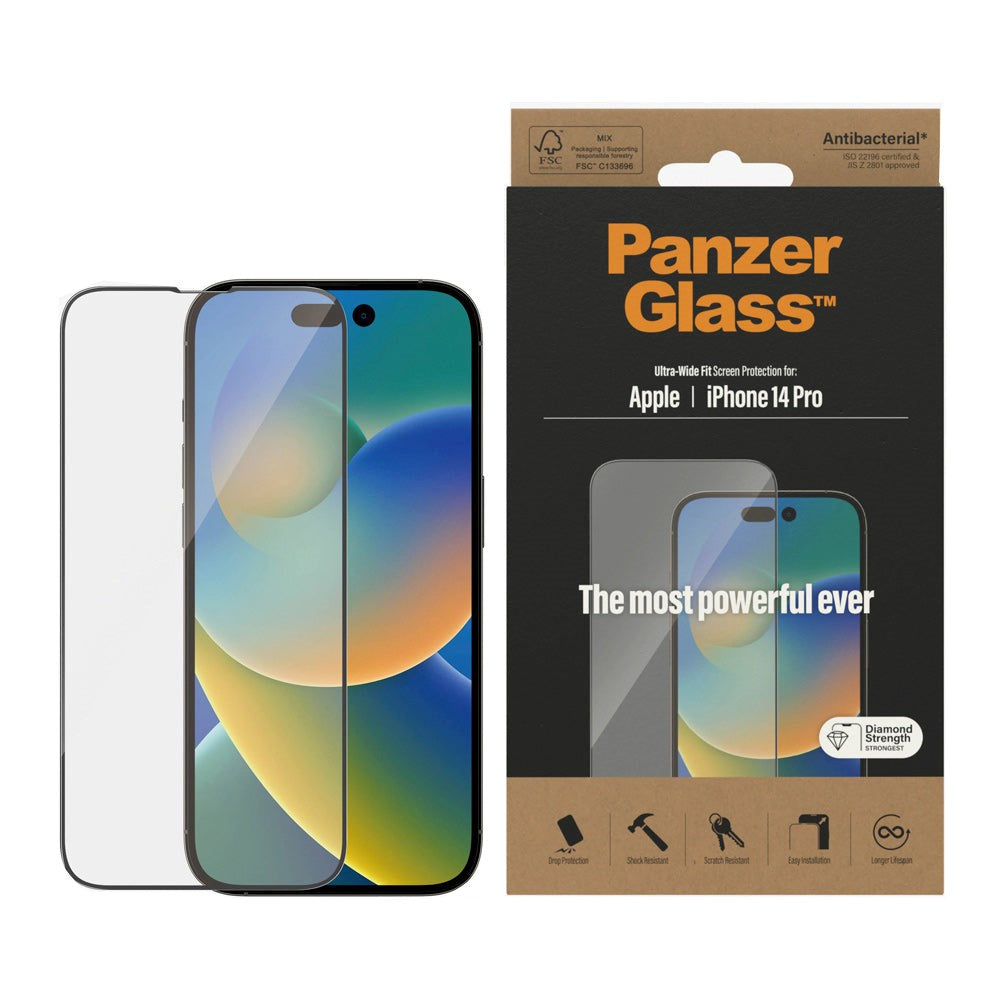 iPhone 14 Pro PanzerGlass AntiBacterial Ultra Wide Fit skjermbeskytter - Diamantstyrke - Gjennomsiktig