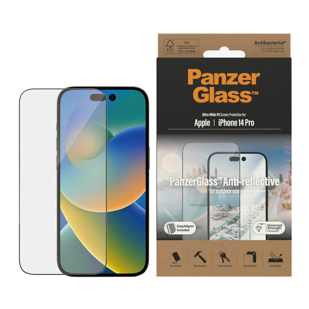 iPhone 14 Pro PanzerGlass AntiBacterial Ultra Wide Fit Skjermbeskyttelsesglass - AntiReflective m. EasyAligner - Diamantstyrke - Gjennomsiktig / Svart