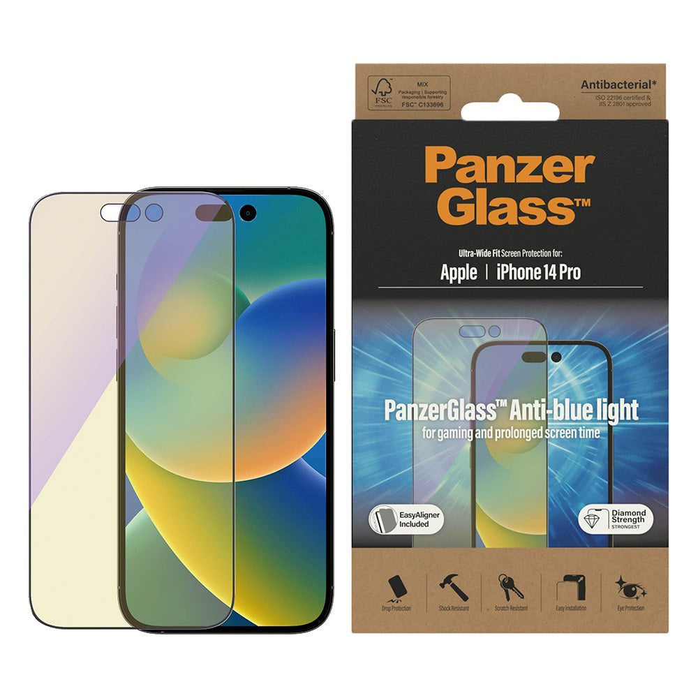 iPhone 14 Pro PanzerGlass AntiBacterial Ultra Wide Fit Screen Protection Glass - Anti-Blue Light m. EasyAligner - Diamantstyrke - Gjennomsiktig / Svart