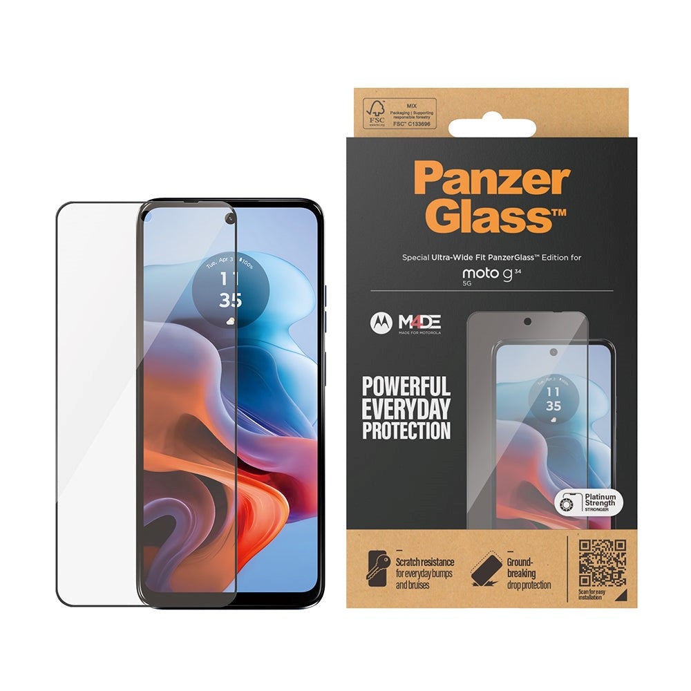 Motorola Moto G34 PanzerGlass Ultra Wide Fit skjermbeskytter - platinastyrke - svart kant