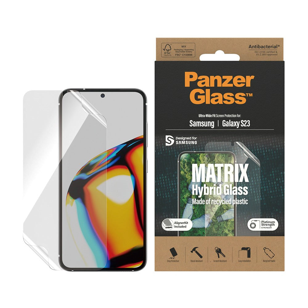 Samsung Galaxy S23 PanzerGlass Matrix Hybrid Glass Antibakteriell Ultra Wide Fit skjermbeskytter - AlignerKit - Platinum Styrke - Gjennomsiktig