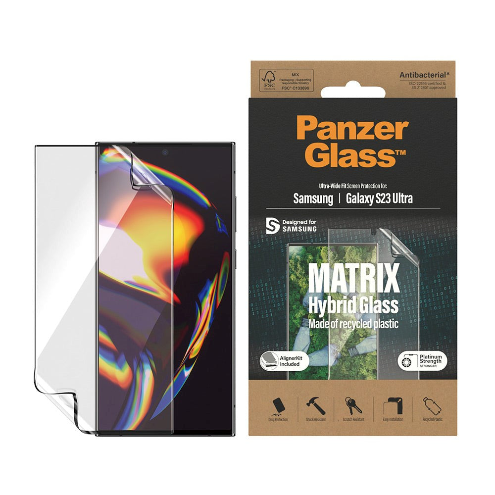 Samsung Galaxy S23 Ultra PanzerGlass Matrix Hybrid Glass Antibakteriell Ultra Wide Fit Skjermbeskytter - AlignerKit - Platinum Strength - Gjennomsiktig