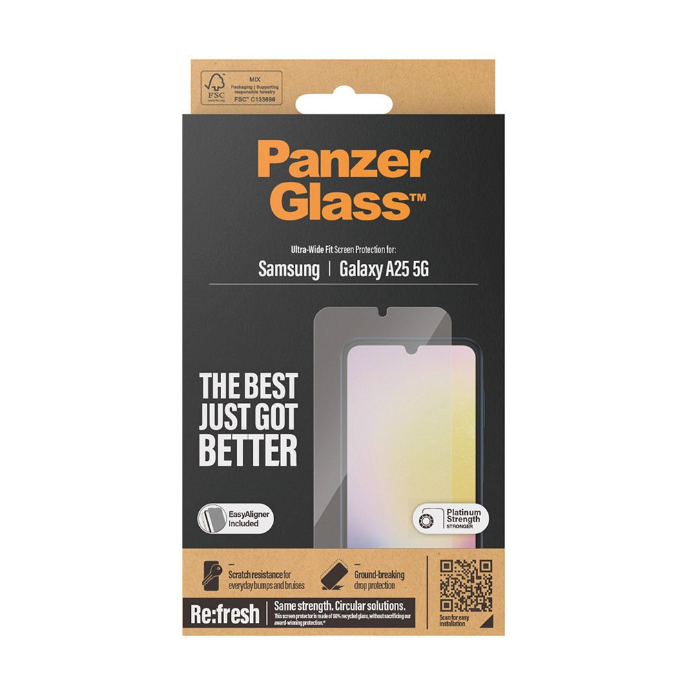 Samsung Galaxy A25 (5G) PanzerGlass Ultra Wide Fit Re:fresh skjermbeskytter m. EasyAligner - Platinum Strength - Gjennomsiktig
