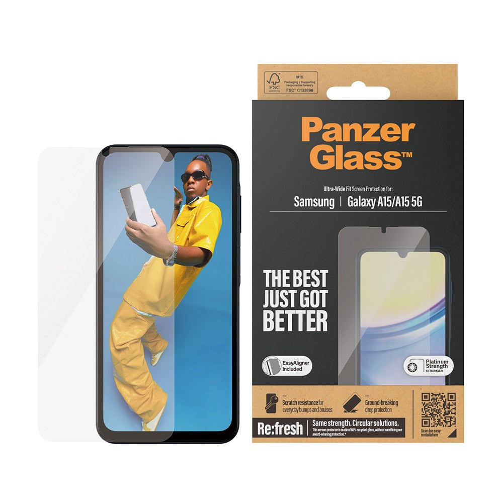 Samsung Galaxy A15 / A15 (5G) PanzerGlass Ultra Wide Fit Re:fresh Beskyttende glass m. EasyAligner - Platinum Strength - Gjennomsiktig